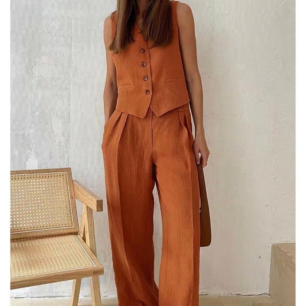 Commense Orange Vest + Pants Set Cotton Linen Two Piece Set Womens XS NWOT